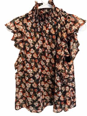 Blue Rain Black Floral Cap Sleeve Top with Red Accents. Size Small